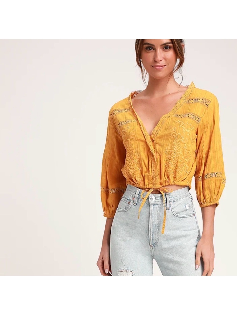 Free People Follow Your Heart Golden yellow Embroidered Lace Blouse size medium